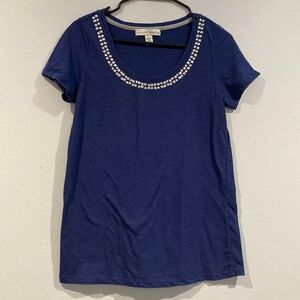 French Laundry Blue Short Sleeve Blouse with Rhinestone Neckline - Size Large